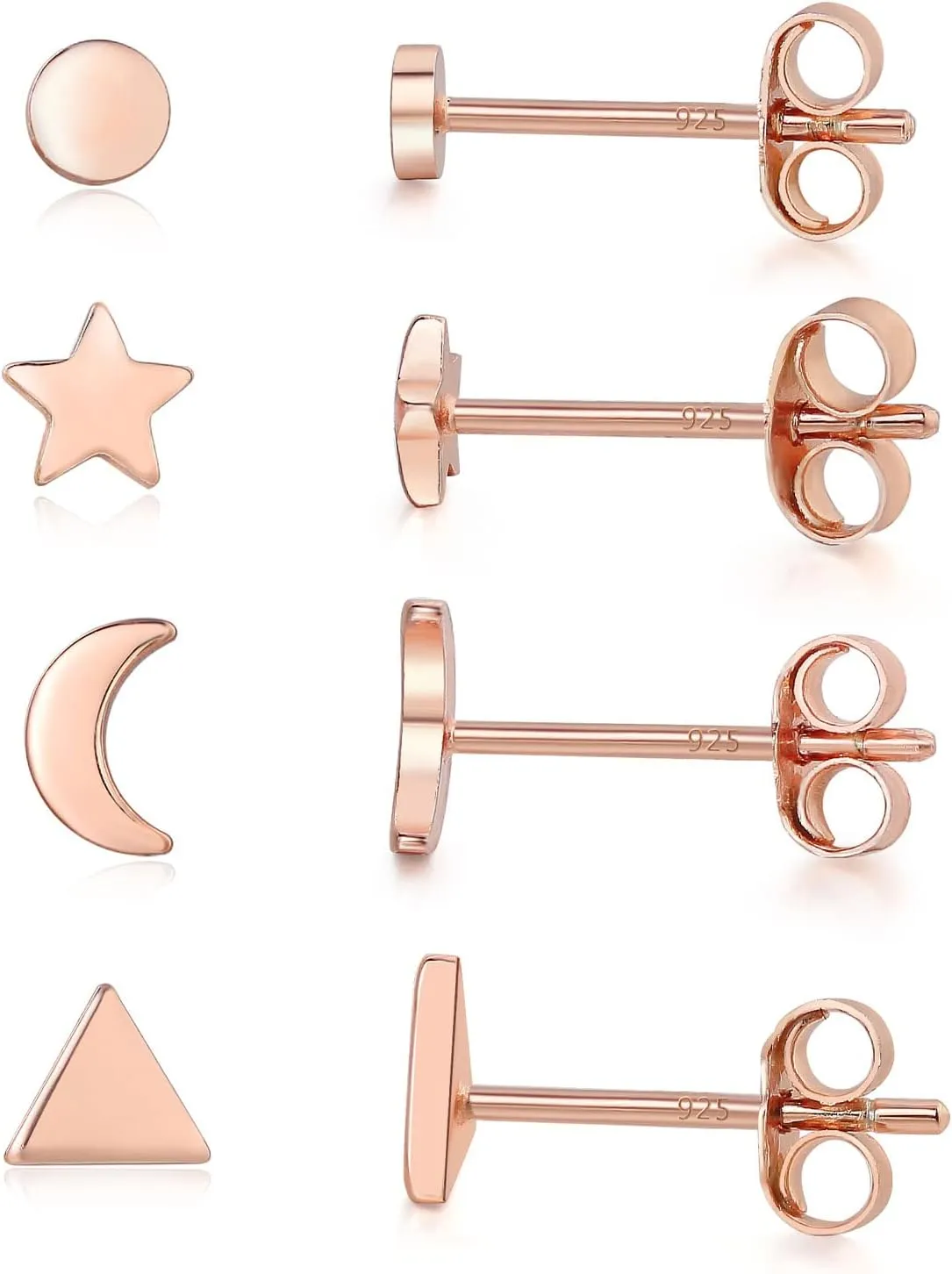 Small Gold Stud Earrings - 4 Pairs Rose Gold Plated Triangle, Star, Moon and Round CZ Stud Earrings - Hypoallergenic Cartilage and Tragus Set