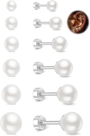Small Pearl Stud Earrings for Women, 6 Pairs Hypoallergenic Flat Back Silver Pearl Studs Set 4-9MM, Surgical Stainless Steel Stud Earrings Sets for Multiple Piercing