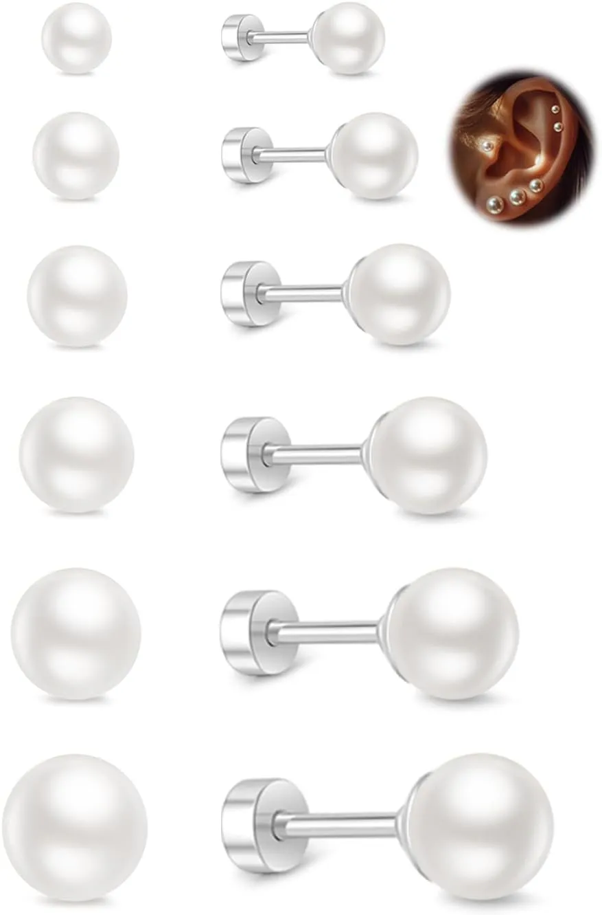 Small Pearl Stud Earrings for Women, 6 Pairs Hypoallergenic Flat Back Silver Pearl Studs Set 4-9MM, Surgical Stainless Steel Stud Earrings Sets for Multiple Piercing