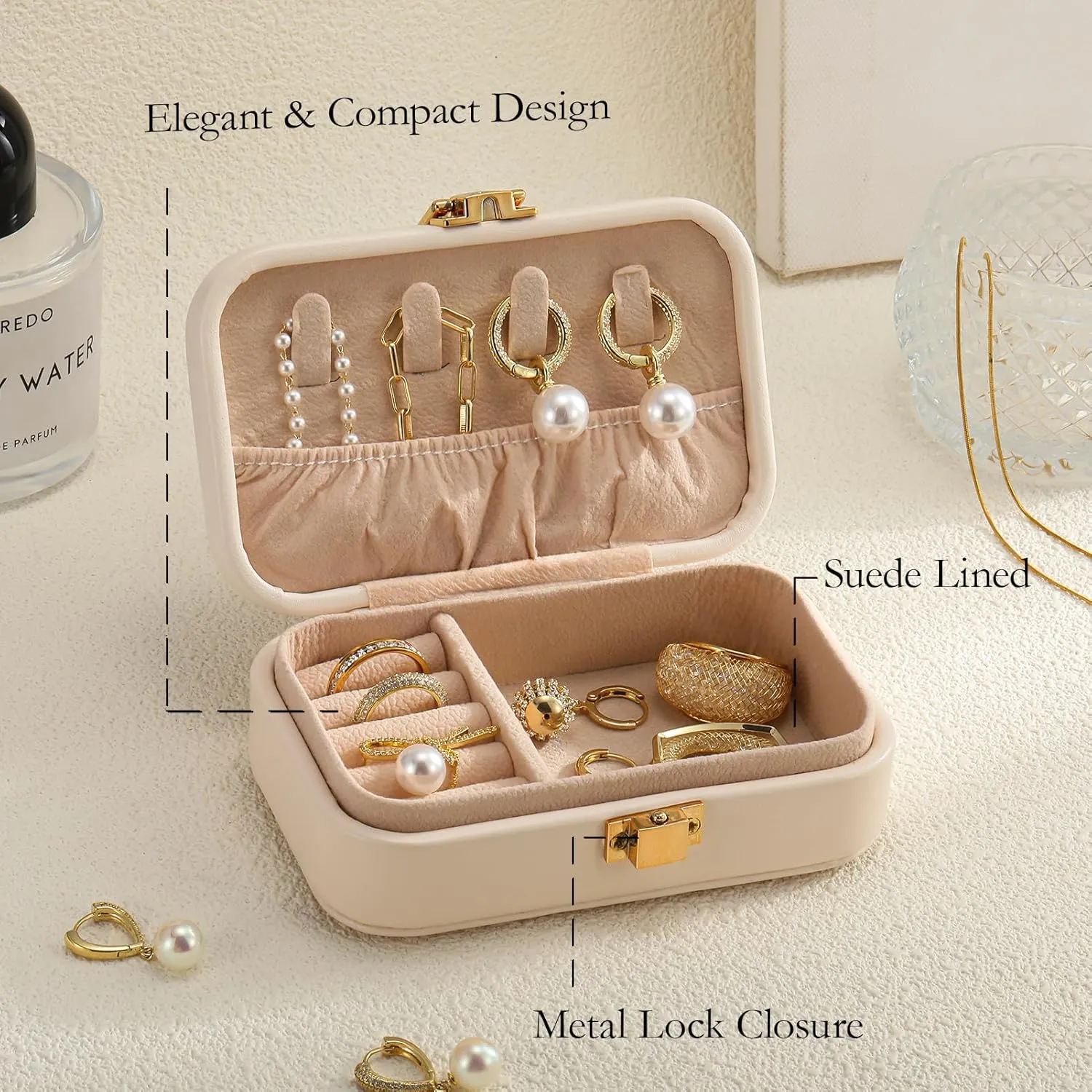 Small Travel Jewelry Box for Women - TS Gifts Merch for Fans | Trendy Birthday, Valentines, Christmas and Graduation Gifts for Girls, Teens, Kids, Besties, Lovers, Niece and Granddaughters-Beige