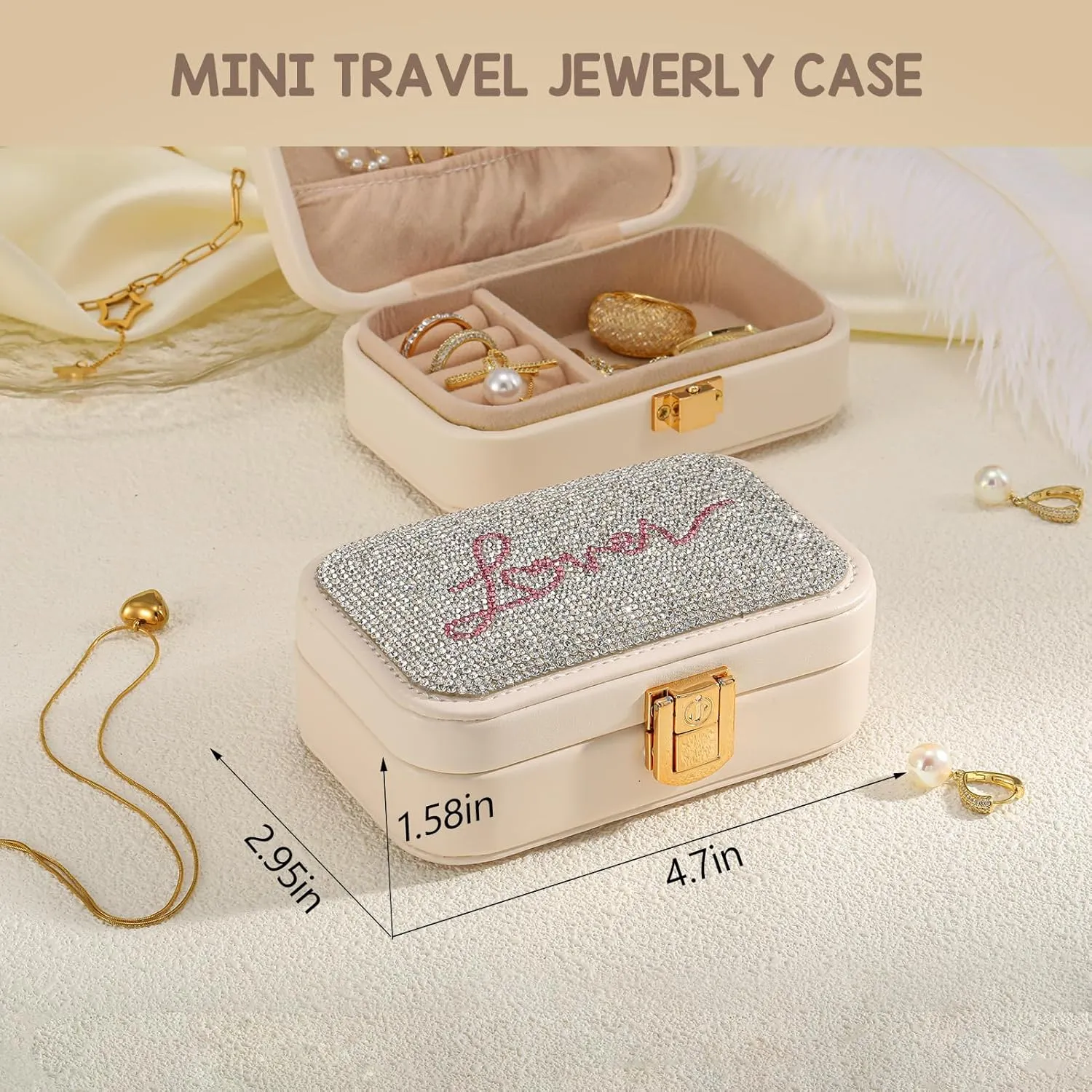 Small Travel Jewelry Box for Women - TS Gifts Merch for Fans | Trendy Birthday, Valentines, Christmas and Graduation Gifts for Girls, Teens, Kids, Besties, Lovers, Niece and Granddaughters-Beige