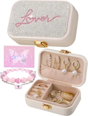 Small Travel Jewelry Box for Women - TS Gifts Merch for Fans | Trendy Birthday, Valentines, Christmas and Graduation Gifts for Girls, Teens, Kids, Besties, Lovers, Niece and Granddaughters-Beige