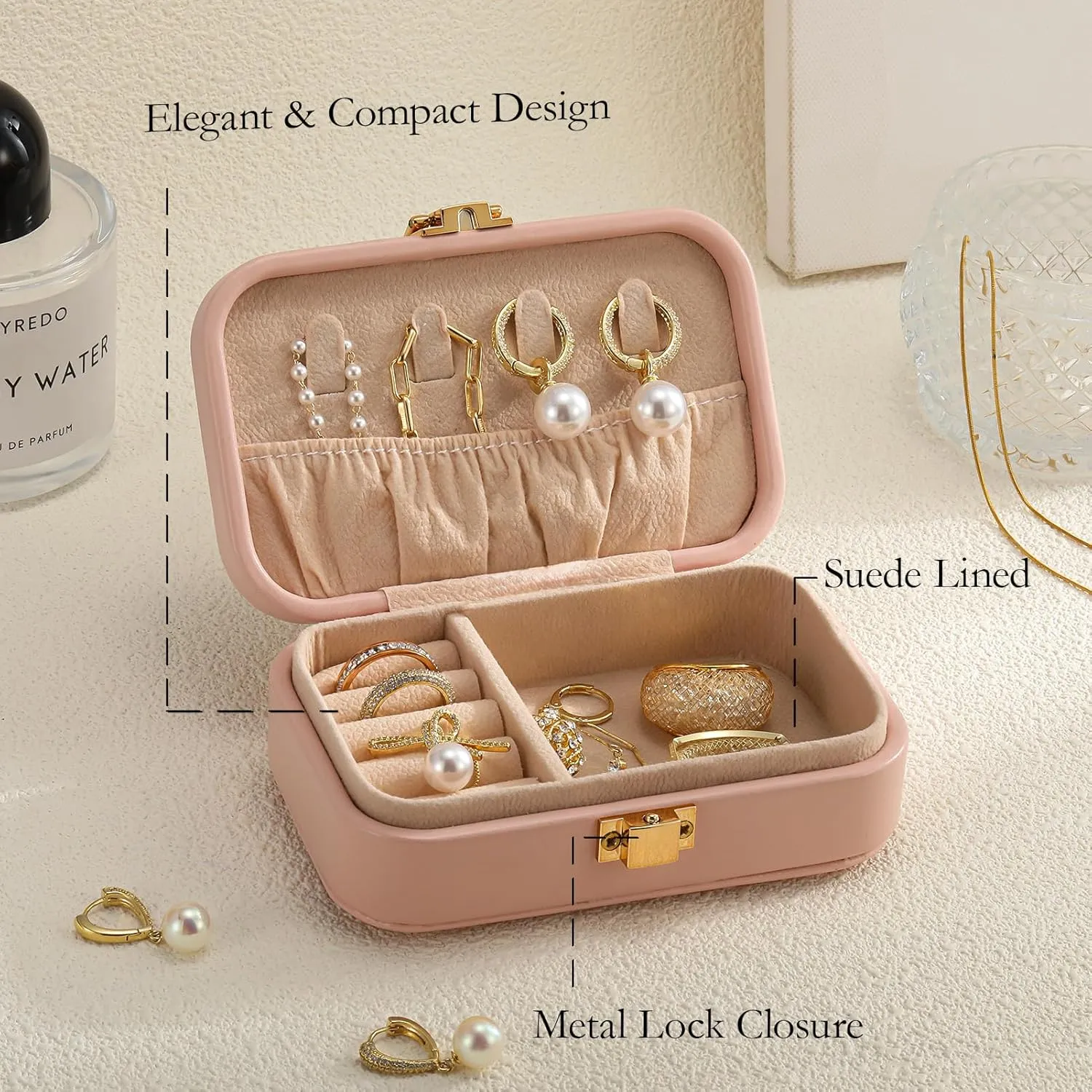 Small Travel Jewelry Box for Women - TS Gifts Merch for Fans | Trendy Birthday, Valentines, Christmas and Graduation Gifts for Girls, Teens, Kids, Besties, Lovers, Niece and Granddaughters-Blush Pink