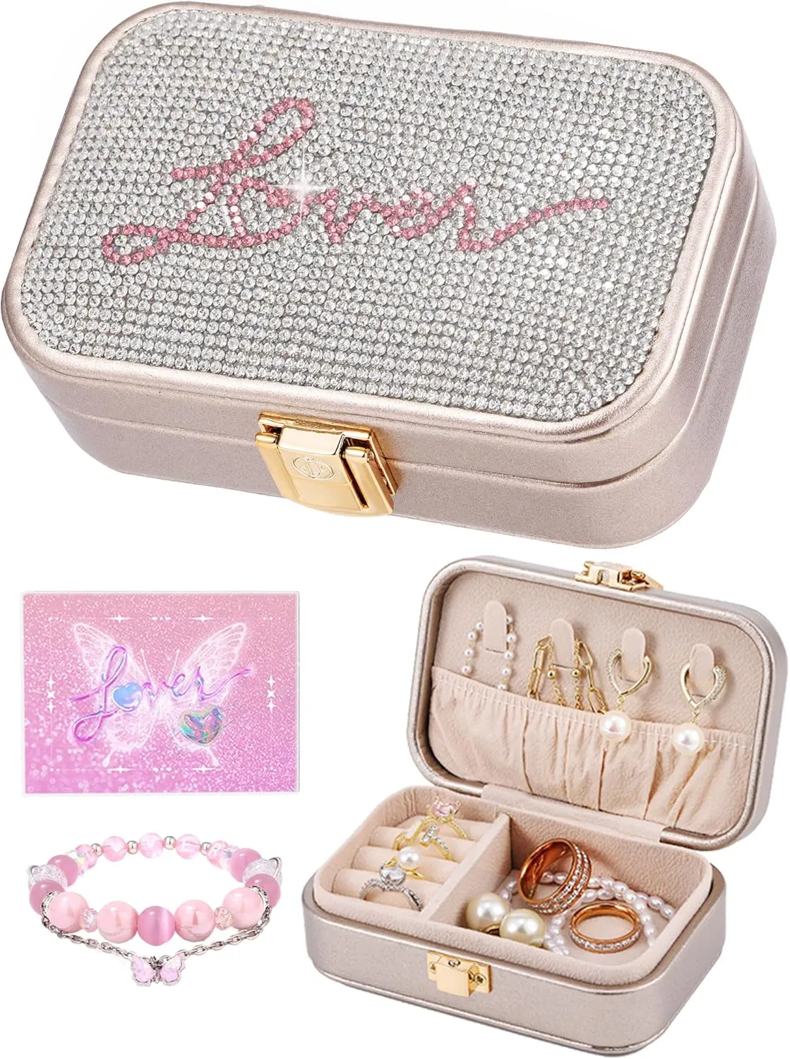 Small Travel Jewelry Box for Women - TS Gifts Merch for Fans | Trendy Birthday, Valentines, Christmas and Graduation Gifts for Girls, Teens, Kids, Besties, Lovers, Niece and Granddaughters-Champagne