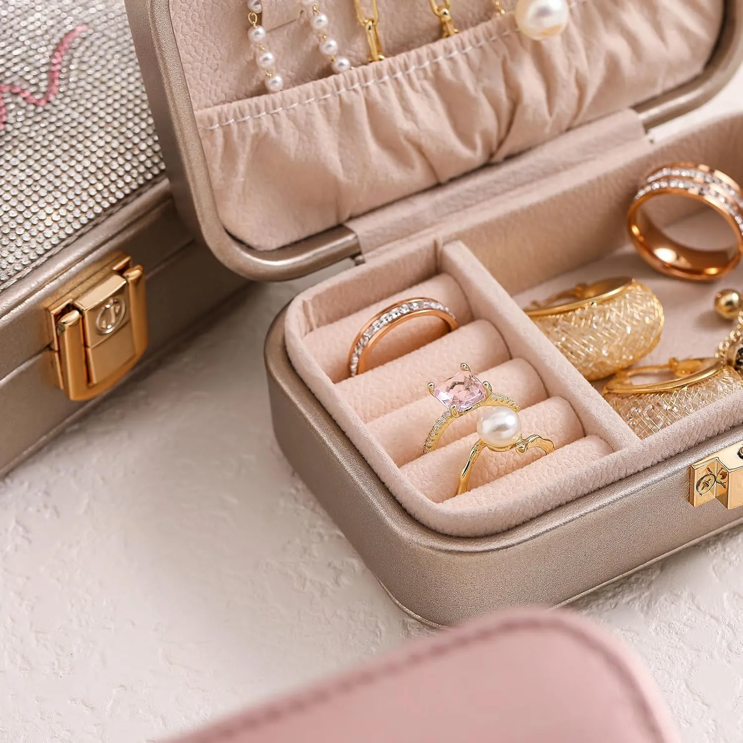 Small Travel Jewelry Box for Women - TS Gifts Merch for Fans | Trendy Birthday, Valentines, Christmas and Graduation Gifts for Girls, Teens, Kids, Besties, Lovers, Niece and Granddaughters-Champagne