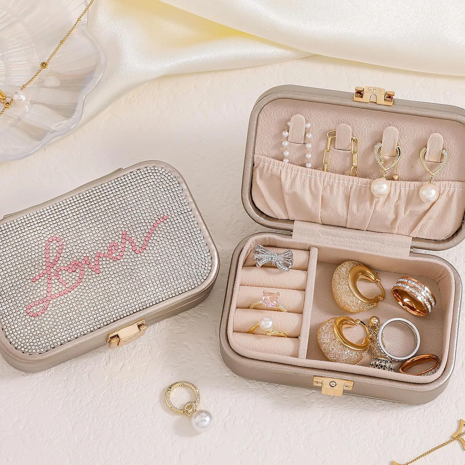 Small Travel Jewelry Box for Women - TS Gifts Merch for Fans | Trendy Birthday, Valentines, Christmas and Graduation Gifts for Girls, Teens, Kids, Besties, Lovers, Niece and Granddaughters-Champagne