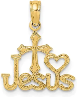 Solid 14k Yellow Gold Jesus Cross and Heart Charm Pendant - 17mm x 14mm