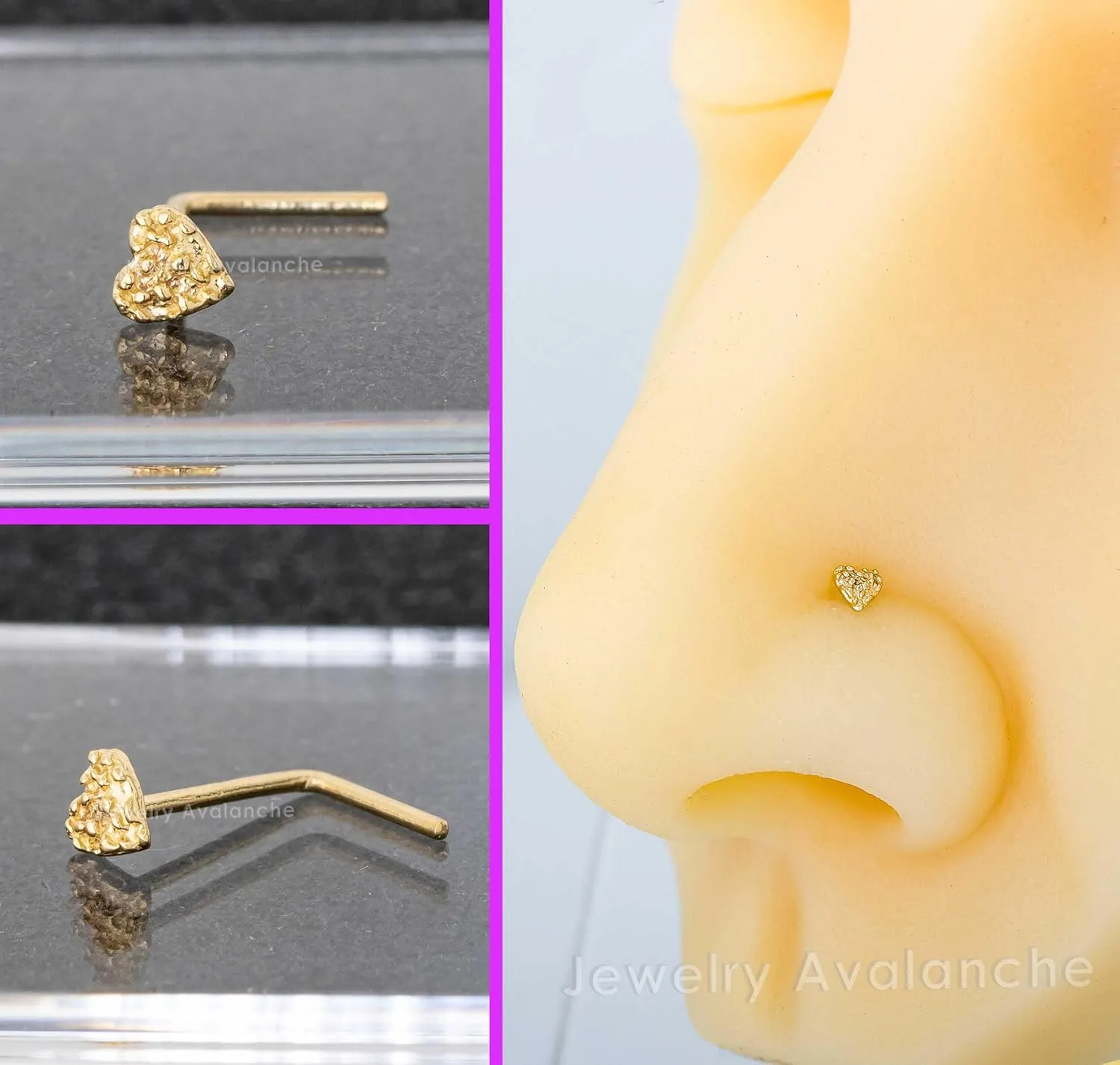 Solid 14K Yellow Gold Nugget Heart Nose Stud, Heart Shape Nose Ring 22G L-Bend, Ball-end, Nose Screw Stud, Unisex Nose Ring