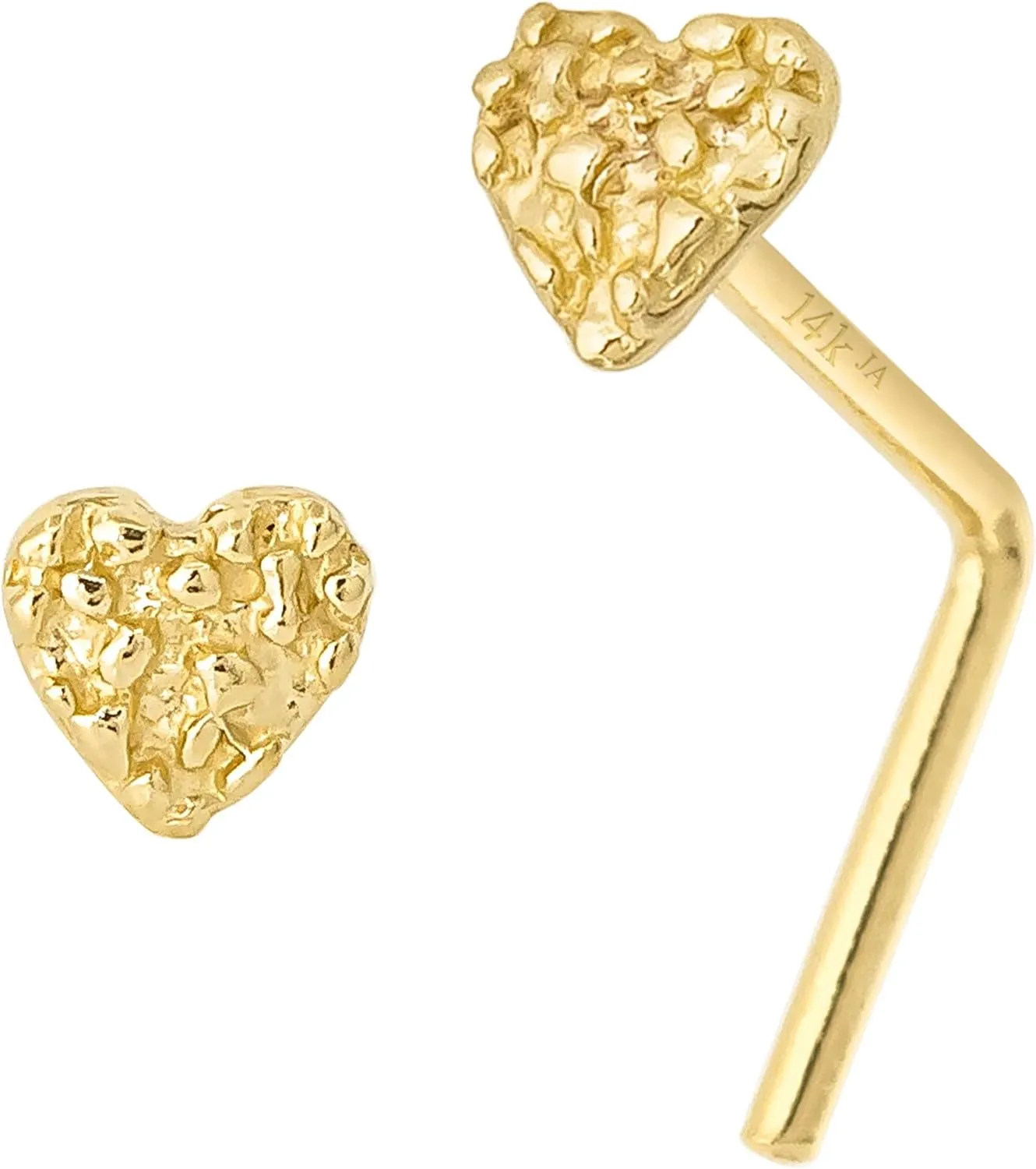 Solid 14K Yellow Gold Nugget Heart Nose Stud, Heart Shape Nose Ring 22G L-Bend, Ball-end, Nose Screw Stud, Unisex Nose Ring