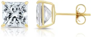 Solid 14k Yellow Gold Square Solitaire Cubic Zirconia Princess-cut CZ Real Gold Square Stud Earrings for Men and Women