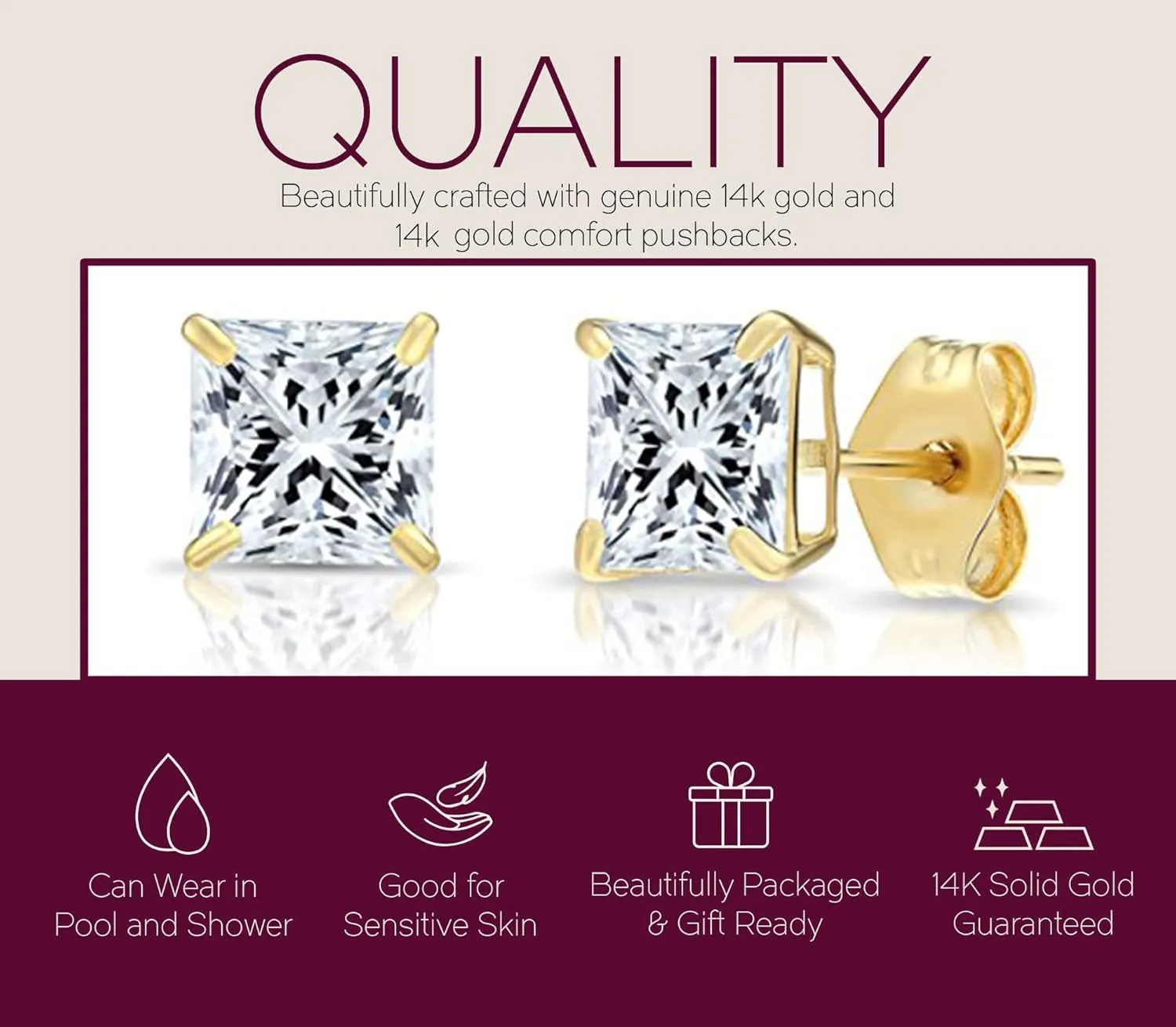 Solid 14k Yellow Gold Square Solitaire Cubic Zirconia Princess-cut CZ Real Gold Square Stud Earrings for Men and Women