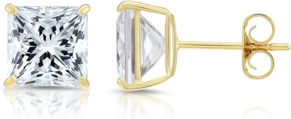 Solid 14k Yellow Gold Square Solitaire Cubic Zirconia Princess-cut CZ Real Gold Square Stud Earrings for Men and Women