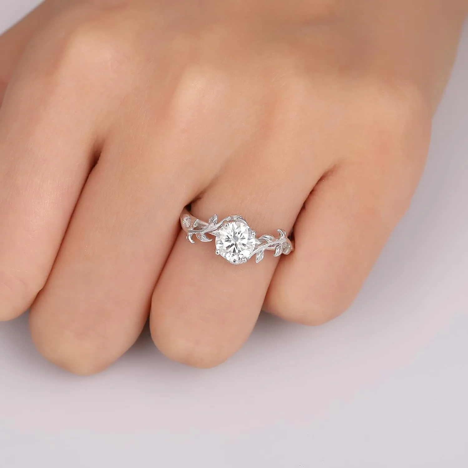 Solitaire Moissanite Engagement Ring for Women, 1CT 6.5mm VVS1 Clarity G Color, 925 Sterling Silver with Platinum Plated, Twisted Vine Leaf Shaped Art Deco Promise Bridal Wedding Ring Size 4-9