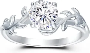 Solitaire Moissanite Engagement Ring for Women, 1CT 6.5mm VVS1 Clarity G Color, 925 Sterling Silver with Platinum Plated, Twisted Vine Leaf Shaped Art Deco Promise Bridal Wedding Ring Size 4-9