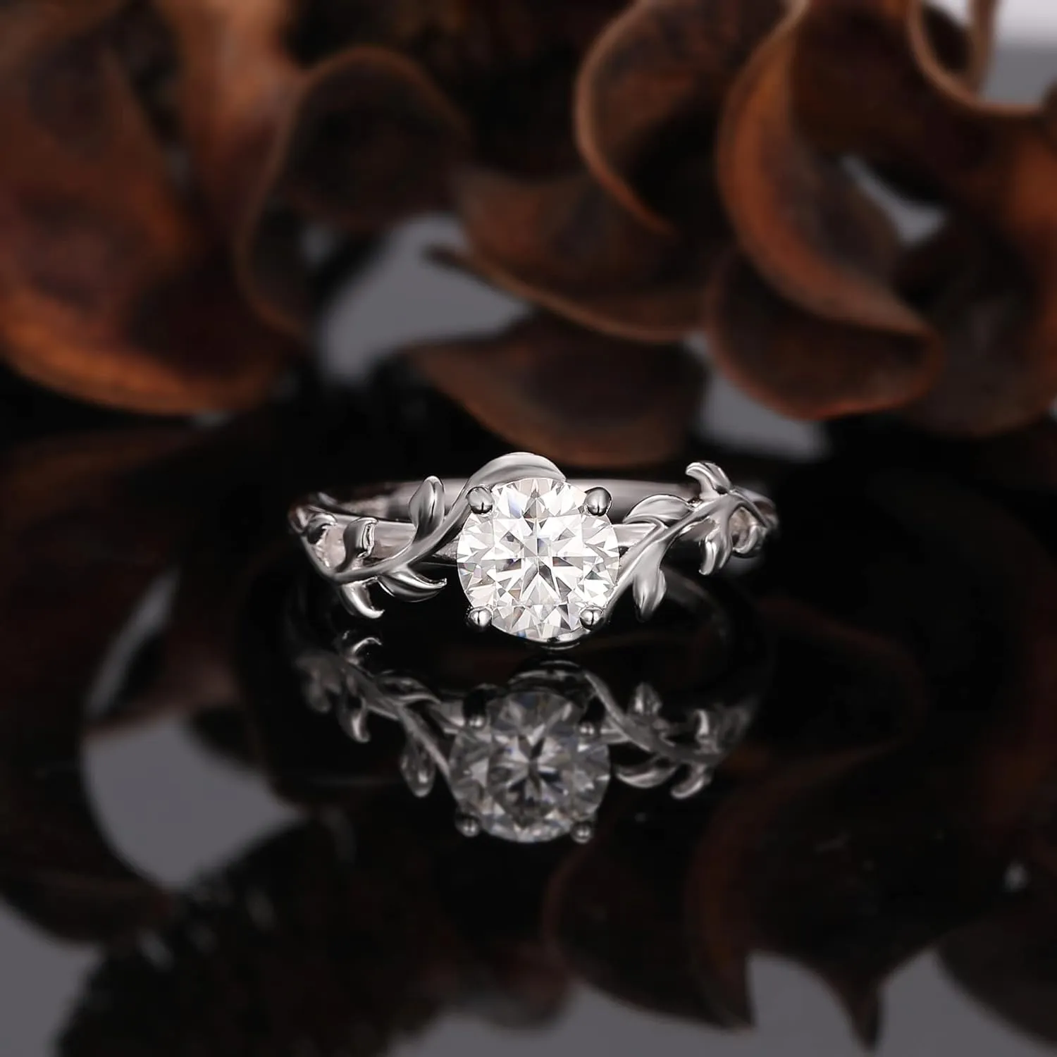 Solitaire Moissanite Engagement Ring for Women, 1CT 6.5mm VVS1 Clarity G Color, 925 Sterling Silver with Platinum Plated, Twisted Vine Leaf Shaped Art Deco Promise Bridal Wedding Ring Size 4-9