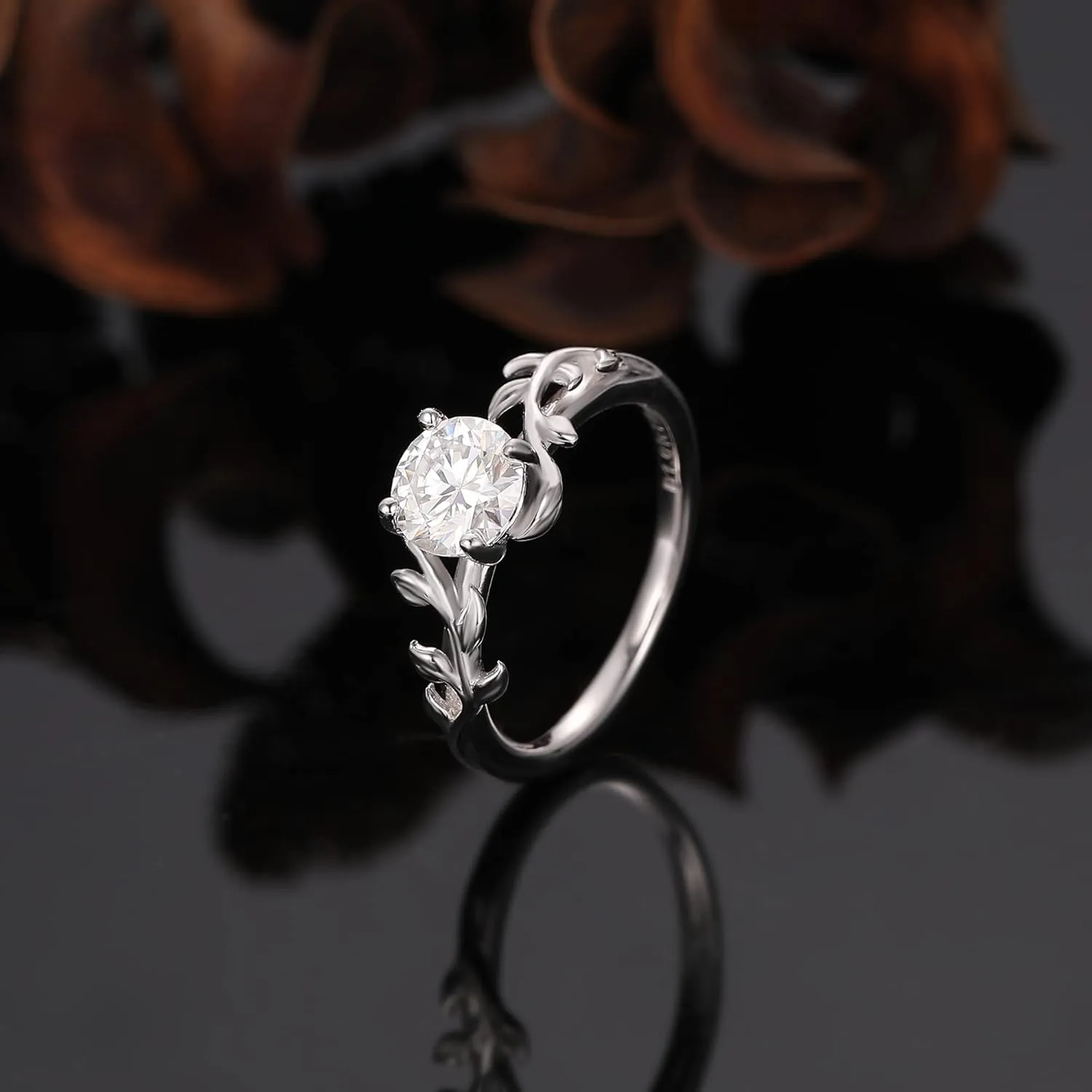 Solitaire Moissanite Engagement Ring for Women, 1CT 6.5mm VVS1 Clarity G Color, 925 Sterling Silver with Platinum Plated, Twisted Vine Leaf Shaped Art Deco Promise Bridal Wedding Ring Size 4-9