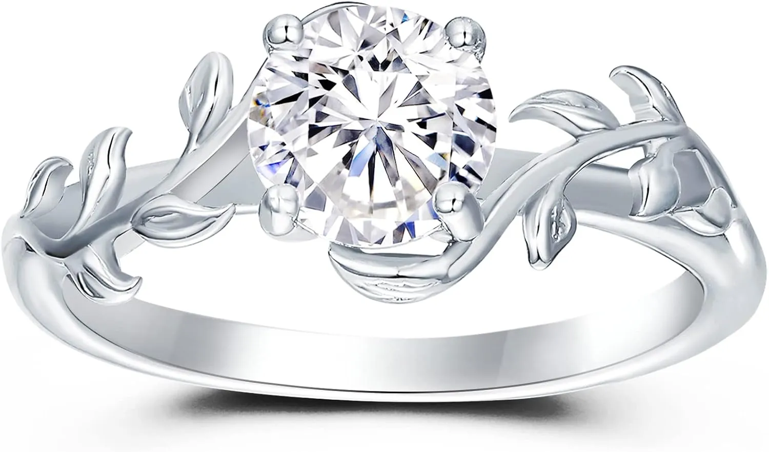 Solitaire Moissanite Engagement Ring for Women, 1CT 6.5mm VVS1 Clarity G Color, 925 Sterling Silver with Platinum Plated, Twisted Vine Leaf Shaped Art Deco Promise Bridal Wedding Ring Size 4-9
