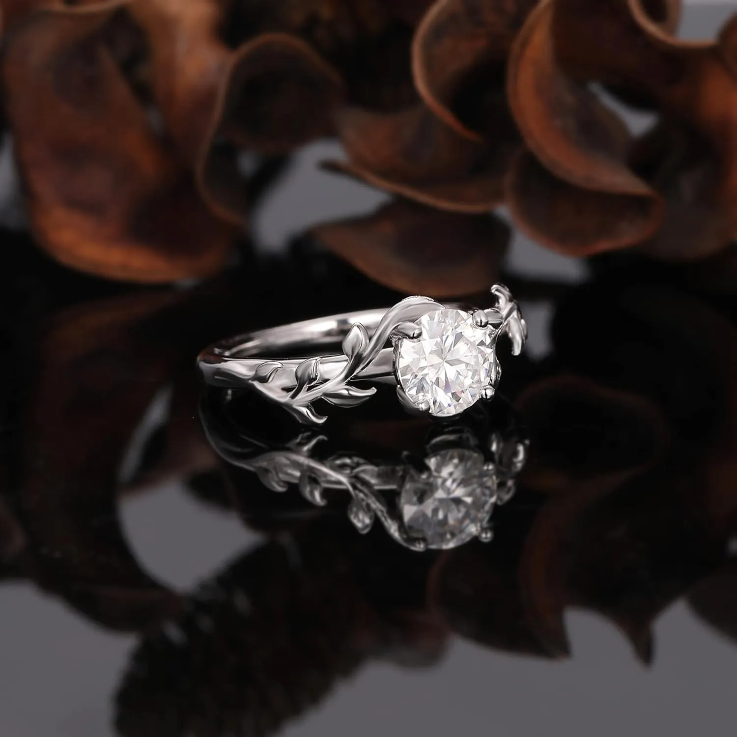 Solitaire Moissanite Engagement Ring for Women, 1CT 6.5mm VVS1 Clarity G Color, 925 Sterling Silver with Platinum Plated, Twisted Vine Leaf Shaped Art Deco Promise Bridal Wedding Ring Size 4-9
