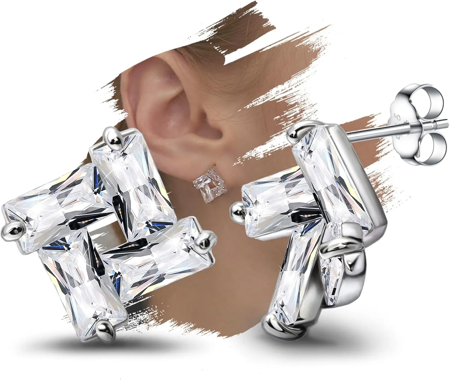 Square Earrings for Men Women Trendy - Sterling Silver Earrings Square Studs Minimalist Hypoallergenic Cubic Zirconia Earrings for Sensitive Ears Gifts for Christmas