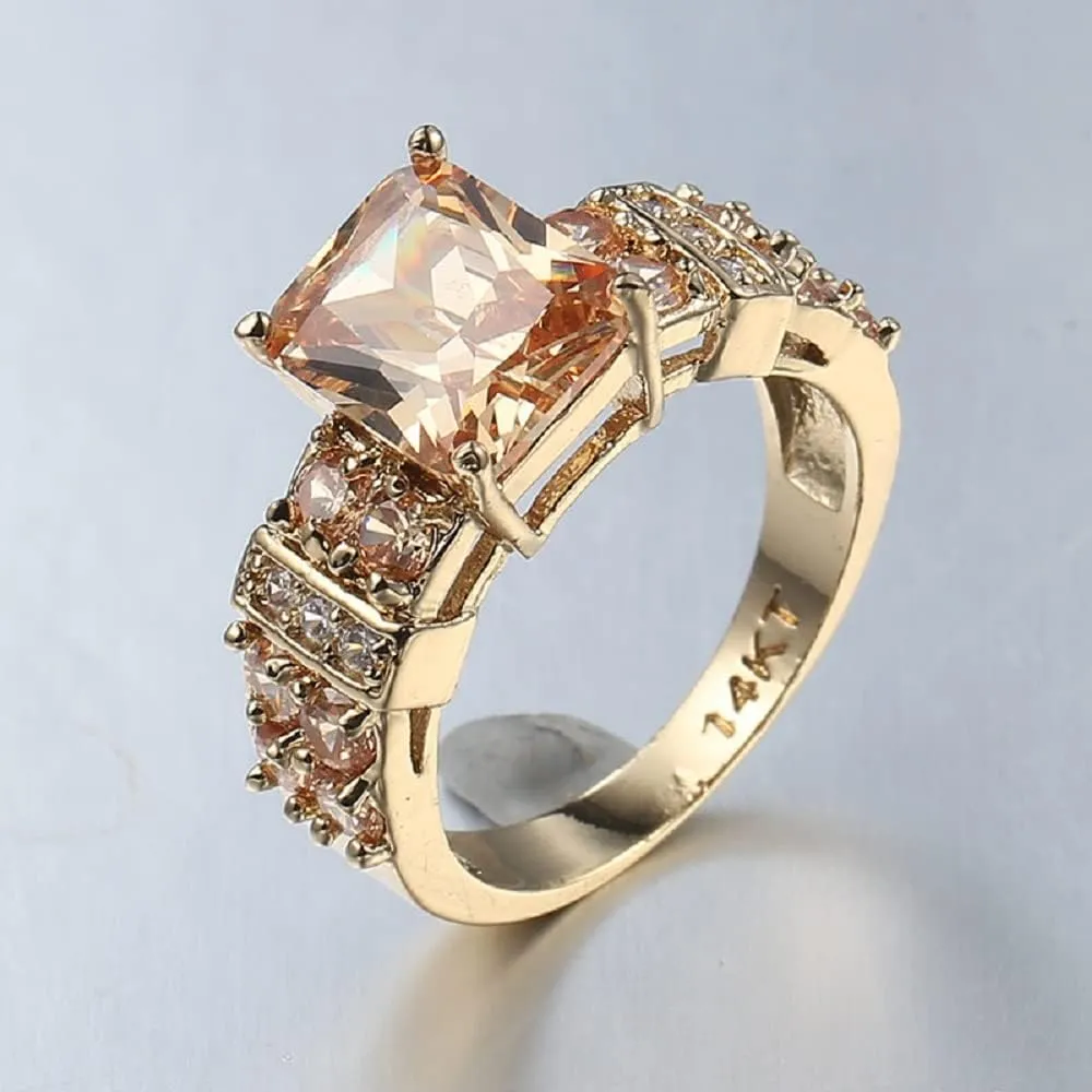 Square Halo 14k Yellow Gold Plated Cubic Zirconia CZ Jewelry, Wedding Party Statement Cocktails Fashion Morganite Crystal Champagne Rings for Women Size 6-10 (US size 8)