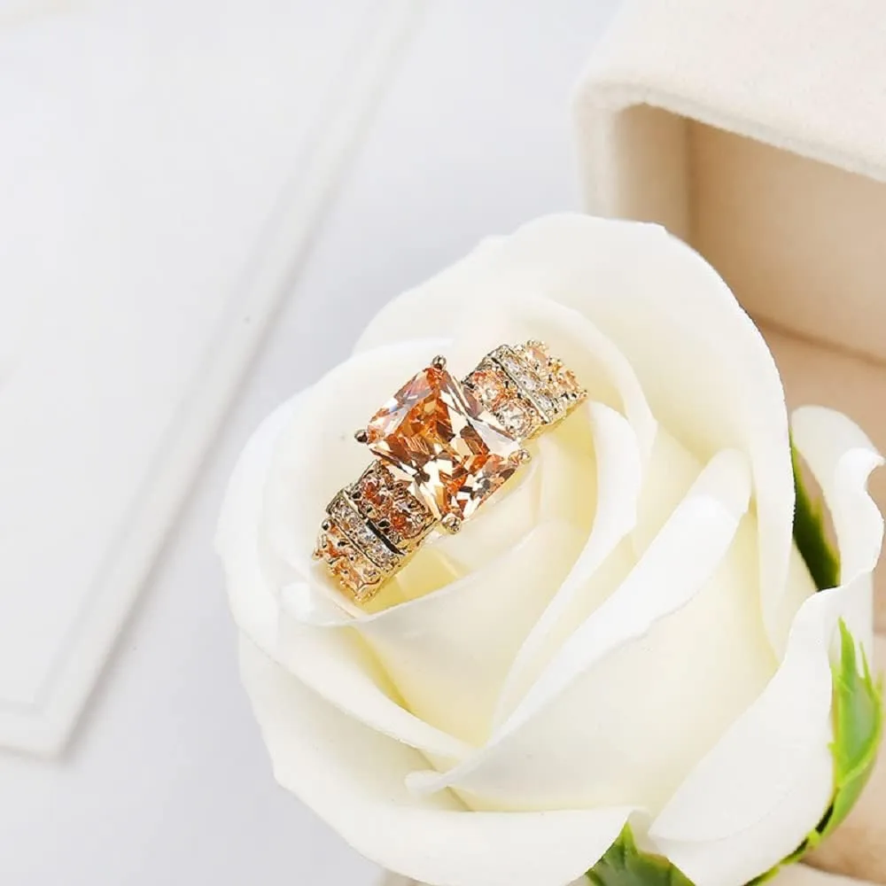 Square Halo 14k Yellow Gold Plated Cubic Zirconia CZ Jewelry, Wedding Party Statement Cocktails Fashion Morganite Crystal Champagne Rings for Women Size 6-10 (US size 8)