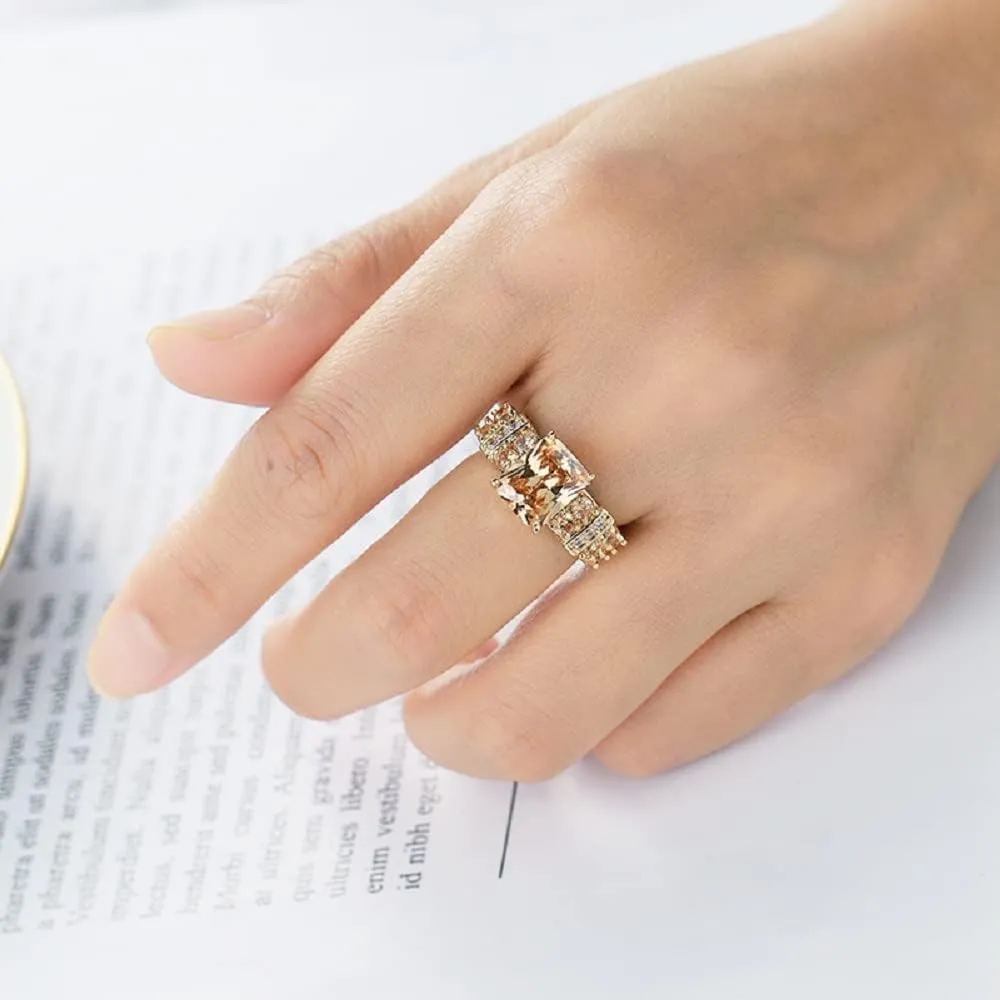 Square Halo 14k Yellow Gold Plated Cubic Zirconia CZ Jewelry, Wedding Party Statement Cocktails Fashion Morganite Crystal Champagne Rings for Women Size 6-10 (US size 8)