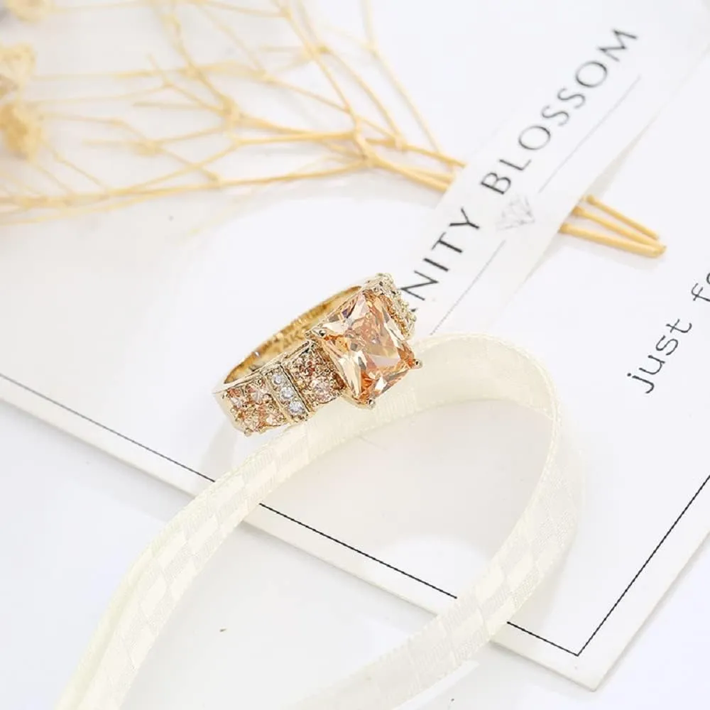 Square Halo 14k Yellow Gold Plated Cubic Zirconia CZ Jewelry, Wedding Party Statement Cocktails Fashion Morganite Crystal Champagne Rings for Women Size 6-10 (US size 8)