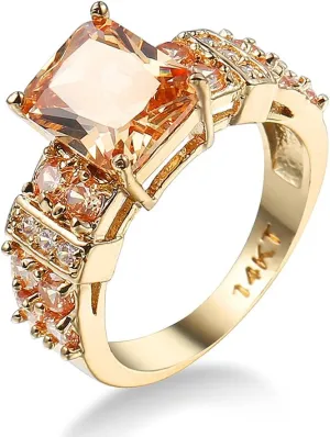 Square Halo 14k Yellow Gold Plated Cubic Zirconia CZ Jewelry, Wedding Party Statement Cocktails Fashion Morganite Crystal Champagne Rings for Women Size 6-10 (US size 8)