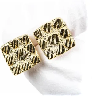 Square Shape 14K Yellow Gold Plated 925 Sterling Silver Diamond Cut Retro 90's Hip Hop Hypoallergenic 9.5mm Solid Gold Textured Nugget Stud Screw Back Post Earrings For Men