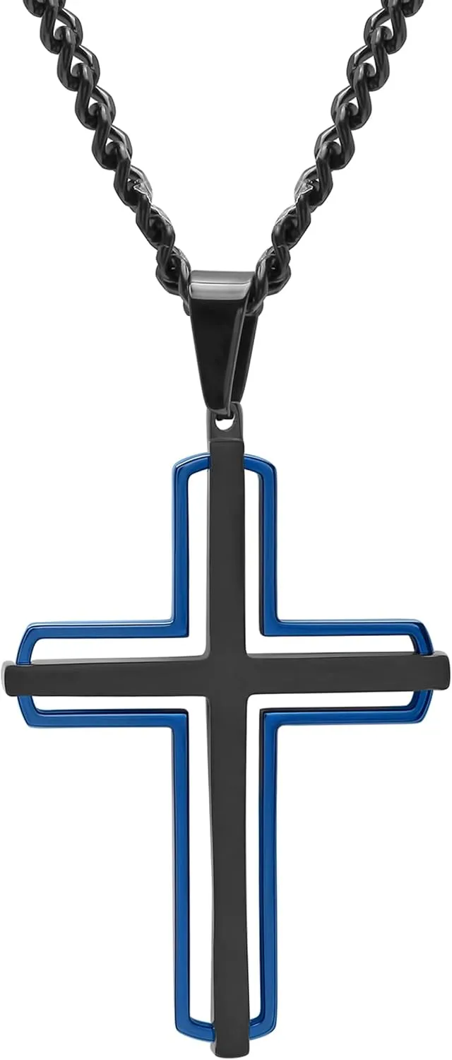 Stainless Steel 2 Layer Cross Pendant with Black and Blue Finish on 24" 4mm Twisted Curb Chain Necklace
