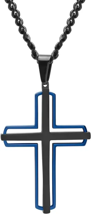 Stainless Steel 2 Layer Cross Pendant with Black and Blue Finish on 24" 4mm Twisted Curb Chain Necklace