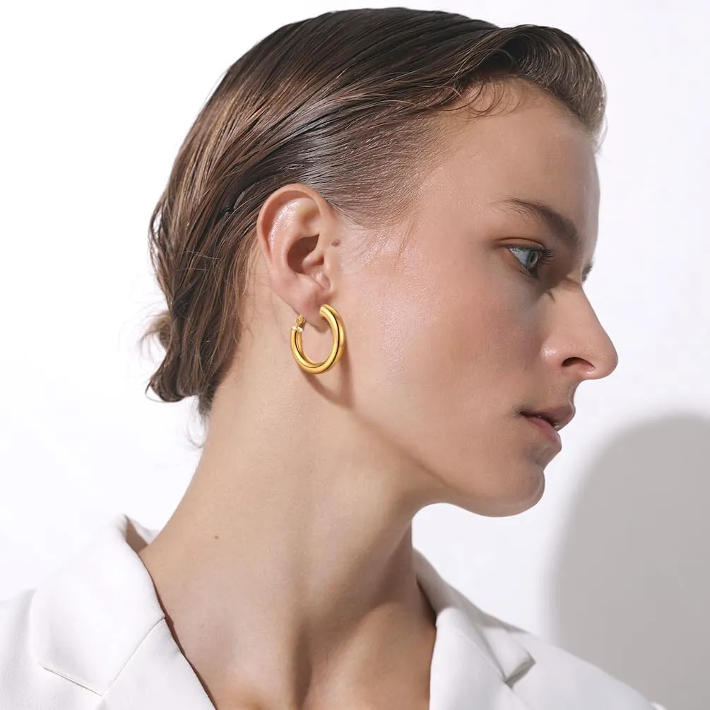 Stainless Steel Chunky Hoop Earrings For Women, Minimalist and Chic, Black/Gold Plated, Round Hoops Earrings Hypoallergenic, Size: 30mm/40mm/60mm/80mm, Come with Box