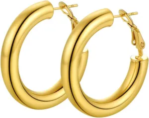 Stainless Steel Chunky Hoop Earrings For Women, Minimalist and Chic, Black/Gold Plated, Round Hoops Earrings Hypoallergenic, Size: 30mm/40mm/60mm/80mm, Come with Box