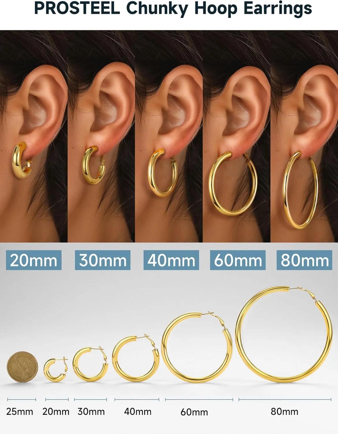 Stainless Steel Chunky Hoop Earrings For Women, Minimalist and Chic, Black/Gold Plated, Round Hoops Earrings Hypoallergenic, Size: 30mm/40mm/60mm/80mm, Come with Box