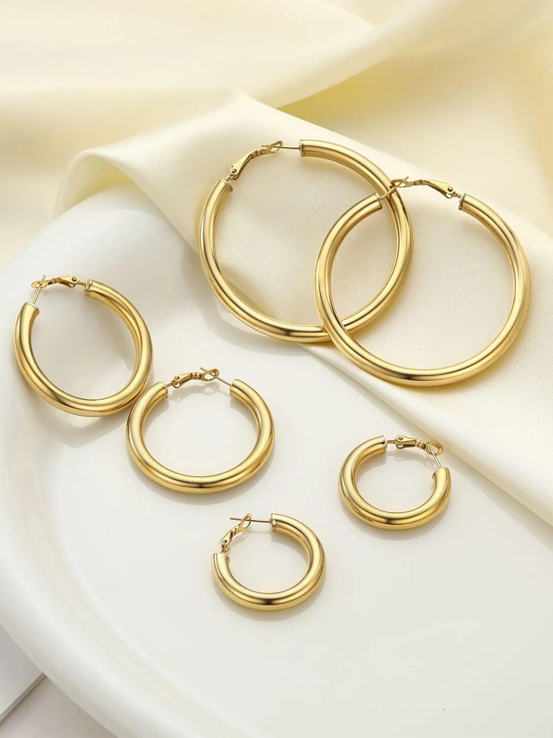 Stainless Steel Chunky Hoop Earrings For Women, Minimalist and Chic, Black/Gold Plated, Round Hoops Earrings Hypoallergenic, Size: 30mm/40mm/60mm/80mm, Come with Box
