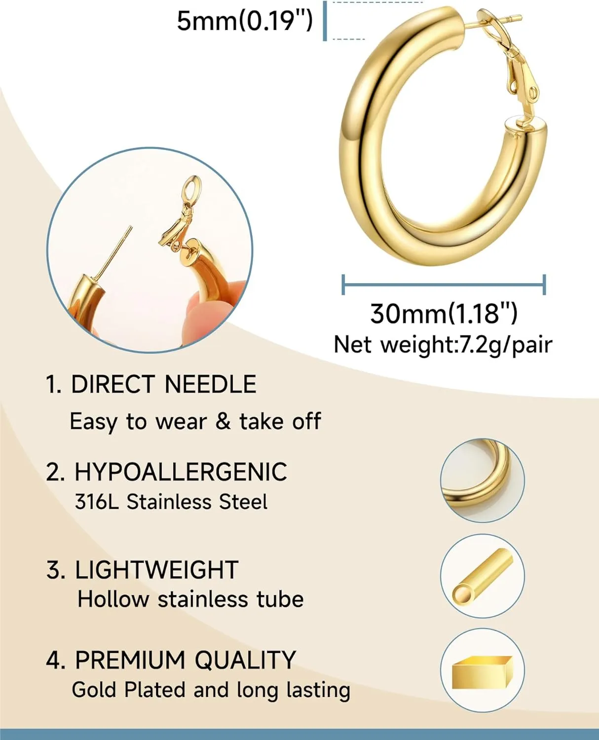 Stainless Steel Chunky Hoop Earrings For Women, Minimalist and Chic, Black/Gold Plated, Round Hoops Earrings Hypoallergenic, Size: 30mm/40mm/60mm/80mm, Come with Box