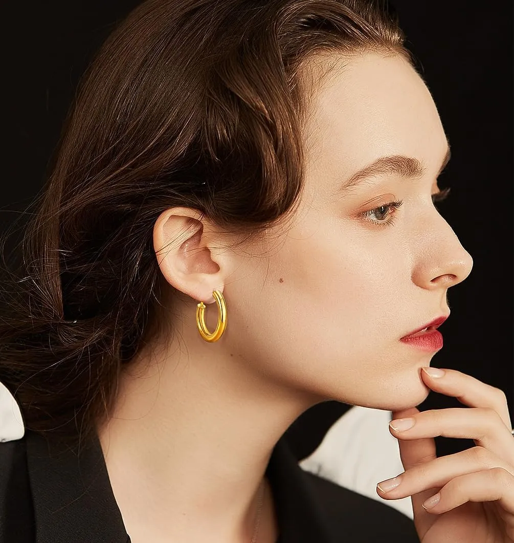 Stainless Steel Chunky Hoop Earrings For Women, Minimalist and Chic, Black/Gold Plated, Round Hoops Earrings Hypoallergenic, Size: 30mm/40mm/60mm/80mm, Come with Box