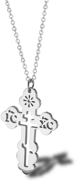 Stainless Steel Eastern Orthodox Cross Pendant Necklace,18K Gold Plated Women Religious Cross Christ Necklace Jewelry 18 Inch Chain