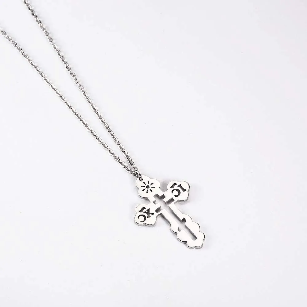 Stainless Steel Eastern Orthodox Cross Pendant Necklace,18K Gold Plated Women Religious Cross Christ Necklace Jewelry 18 Inch Chain