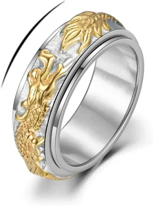 Stainless Steel Gold Dragon Spinner Fidget Rings For Men Women,Silver Rotatable Vintage Golden Dragon Signet Carved Biker Band Anxiety Ring For Men,Man Punk Motorcycle Ring Jewelry