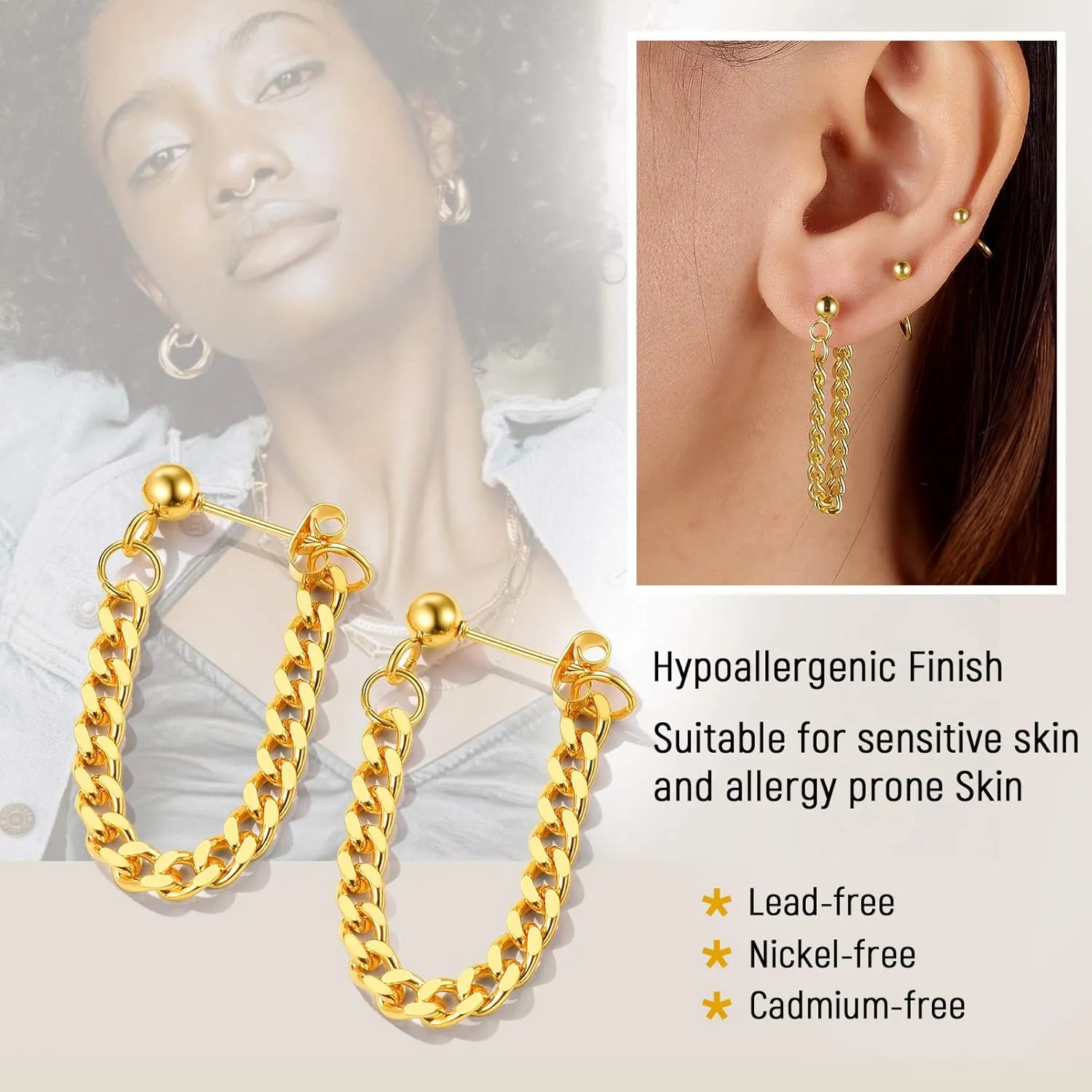 Stainless Steel Hoop Dangle Earrings for Men Women, Black/18K Gold Plated Dangle Hinged Hoop Earrings, Long Chain Pendant Earrings, Come Box