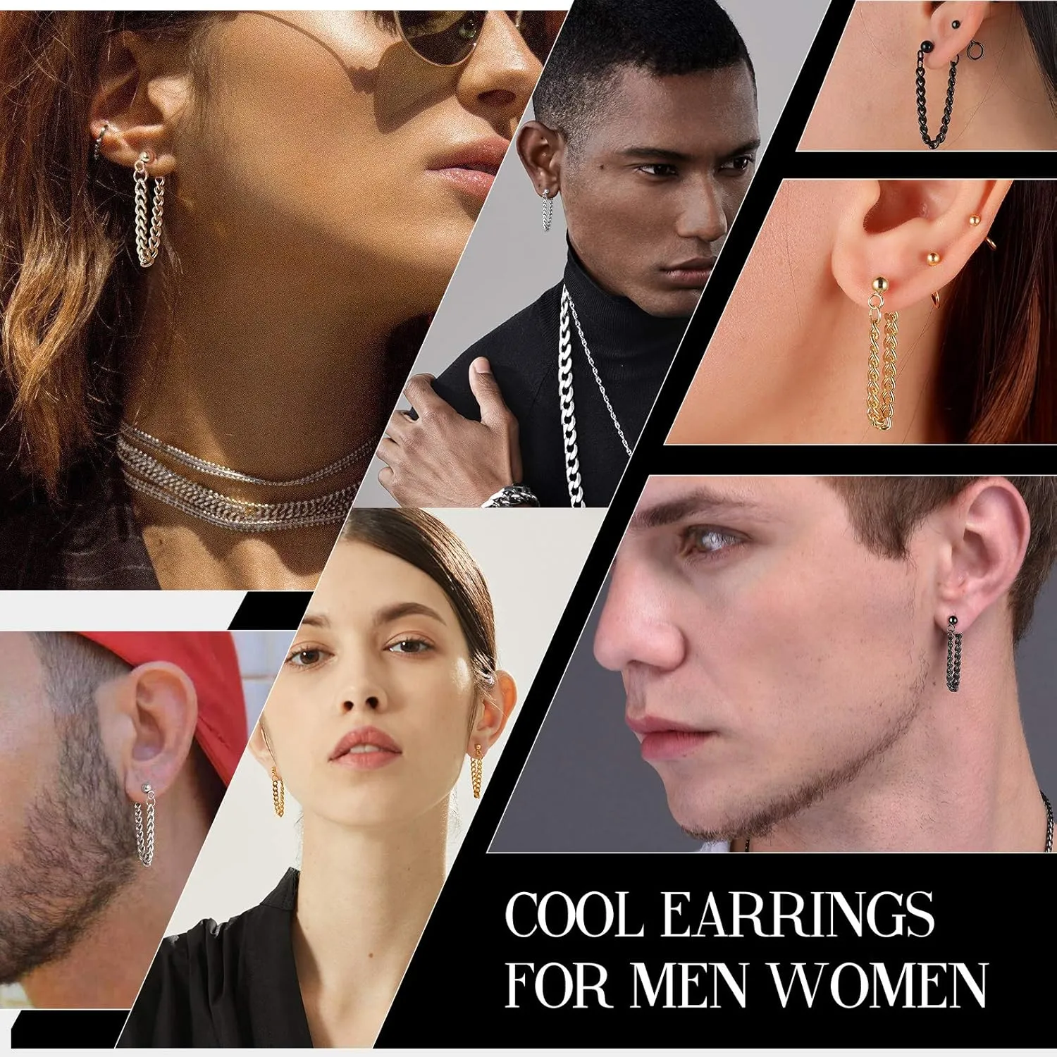 Stainless Steel Hoop Dangle Earrings for Men Women, Black/18K Gold Plated Dangle Hinged Hoop Earrings, Long Chain Pendant Earrings, Come Box