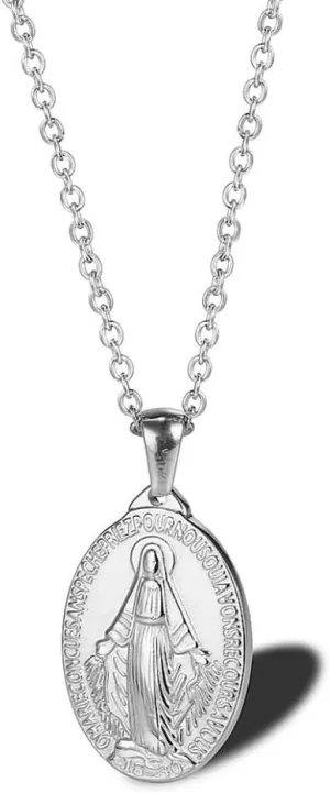 Stainless Steel Oval Virgin Mary Necklace,Religious Jesus 18K Gold Plated Necklace,Christ Medallion Coin Women Necklace