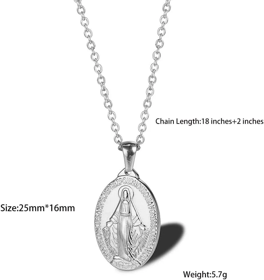 Stainless Steel Oval Virgin Mary Necklace,Religious Jesus 18K Gold Plated Necklace,Christ Medallion Coin Women Necklace