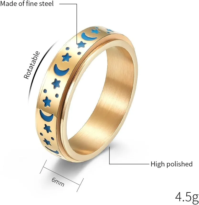 Stainless Steel Spinner Ring for Women Men Fidget Bands Anxiety Rings Relieving Stress Moon Star Engagement Wedding Promise Band Rings