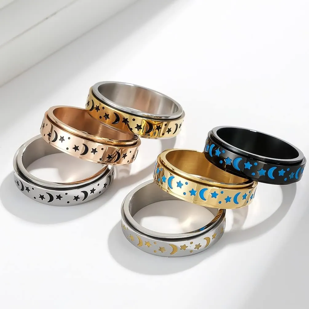 Stainless Steel Spinner Ring for Women Men Fidget Bands Anxiety Rings Relieving Stress Moon Star Engagement Wedding Promise Band Rings