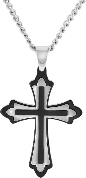 Stainless Steel Three Layer Stacked Cross Pendant on 24" Twisted Curb Chain Necklace with Two Tone Black Combination Finish