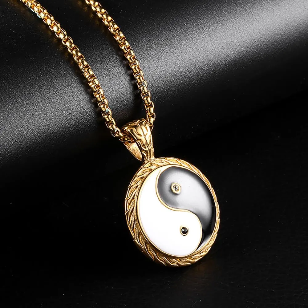 Stainless Steel Yin and Yang Taoist Symbol Pendant Necklace,Tai Chi Yoga Men Necklace 18K Gold Plated Amulet Jewelry with 24 Inch Chain