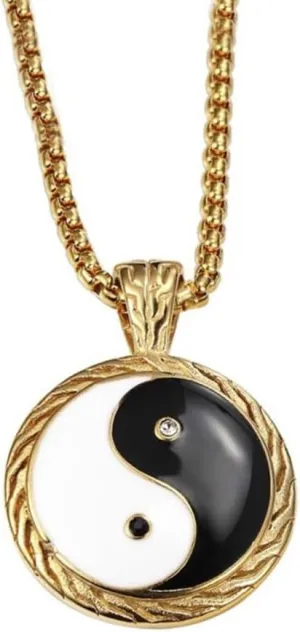 Stainless Steel Yin and Yang Taoist Symbol Pendant Necklace,Tai Chi Yoga Men Necklace 18K Gold Plated Amulet Jewelry with 24 Inch Chain