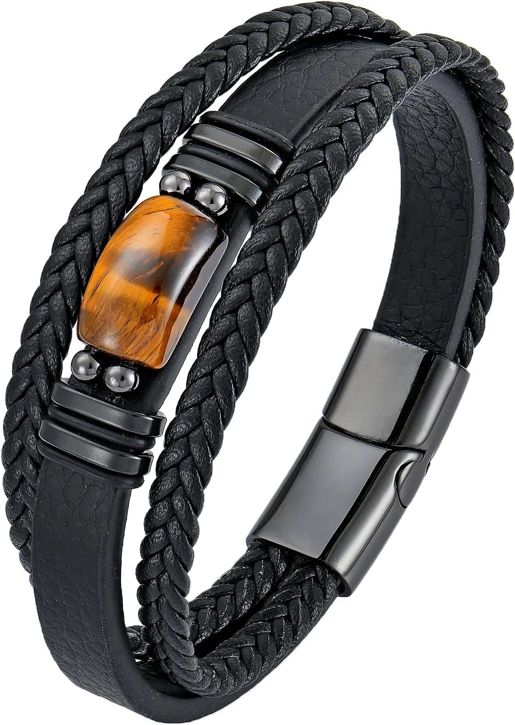 STARCHENIE Multi Strand Bracelet for Men Rectangle Authentic Tiger Eye Black Braided Leather Mens Bracelet Stainless Steel Buckle